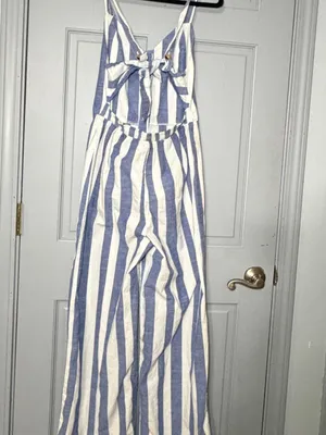 Japna Blue and White Vertical Stripe Wide-Leg Jumpsuit thumbnail 2
