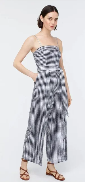 NWT J.Crew Tie-waist Linen Jumpsuit in Navy White Gingham Belted 1-Piece 4 thumbnail 1