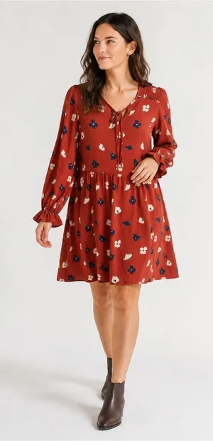 Betsey’s Boutique Shop Floral Dress L Rust Boho Long Sleeve Peasant Prairie thumbnail 1