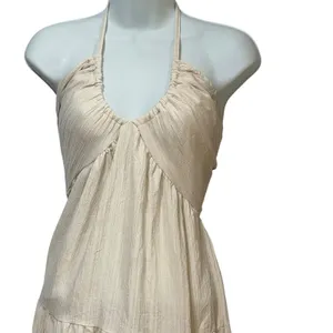 Womens Cream Halter Neck Open Back Tiered Maxi Dress Small Boho Beach Vacation thumbnail 5