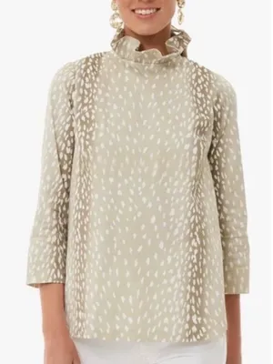 Tuckernuck Faye Antelope Deer Print Blouse M Ruffle Collar Bow Tie Swing Top thumbnail 1