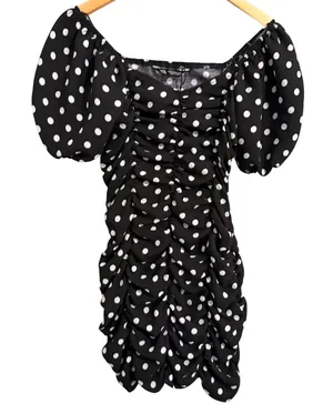 Zara Polka Dot Mini Dress Womens XS Black White Ruched Puff Sleeve‎ Bodycon thumbnail 1