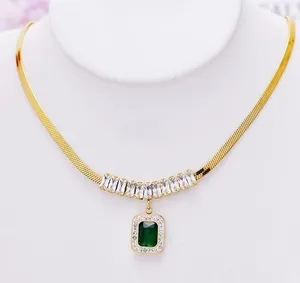 Green Stone Square Pendant Gold Necklace thumbnail 3