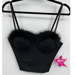 Say What Black Faux Fur Feathers Trim Bustier Crop Top Corset Padded Large NEW thumbnail 8