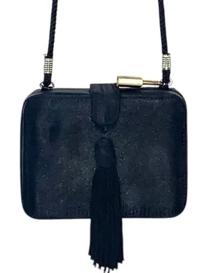 Jessica McClintock Black Satin Box‎ Clutch Purse Tassel & Rope Strap Evening Bag thumbnail 1