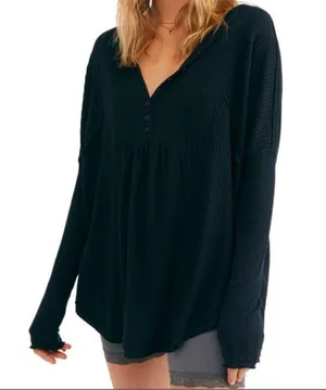 Free People Leo OverSized boxy waffle knit Henley Top long sleeve Black S thumbnail 3