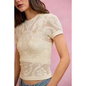 SO ME Floral Perforated Seamless Active Short Sleeve Top - Off White - Large thumbnail 4