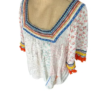 Maeve Embroidered‎ Tassel Square Neck Boho Blouse Bohemian Festival Artistic Medium thumbnail 5