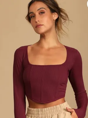 Lulu’s Long Sleeve Burgundy Bustier Crop Top Size S thumbnail 1