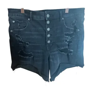 American Eagle Black Distressed High Waisted Button Fly Denim Shorts Womens 12 thumbnail 1