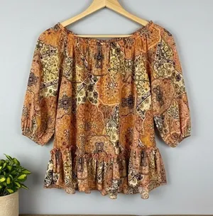 Melloday Small NWT Patchwork Peplum Off Shoulder Ruffle Blouse Top thumbnail 1