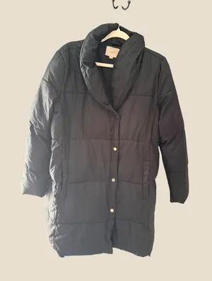 LOFT Women Black Puffer Jacket Shawl Collar Snap Front Quilted Long Coat Size S thumbnail 1