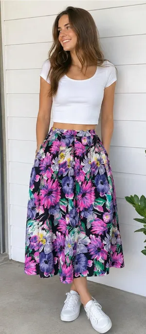 Vintage Floral Tropical Skirt Resort Beach Modest Coastal Bright 80s flowers thumbnail 1