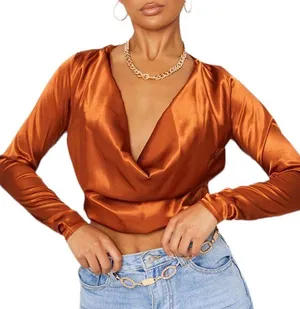 Pretty Little Thing New Satin Cowl Neck Long Sleeve Crop Top Rust Size 6 thumbnail 1