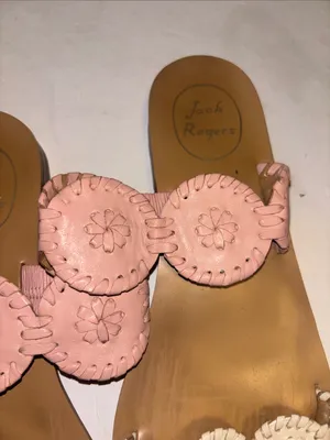 Jack Rogers Pink And Off White Leather Straps Floral Design Size 7.5 Preloved thumbnail 8