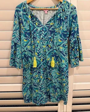 Lilly Pulitzer Teal Blue Floral Tie-Tassel Mini Dress thumbnail 1
