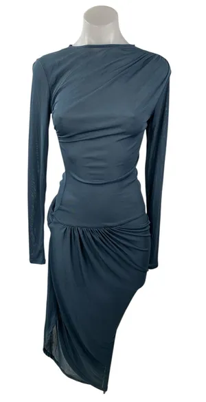 NEW Zara Asymmetric Knot Women's Drape Ruched Long Sleeve Midi Bodycon Dress XS thumbnail 1