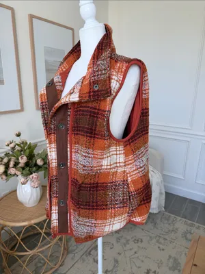 Free People Wrapped Up Blanket Vest Orange Plaid Wool Blend S thumbnail 6