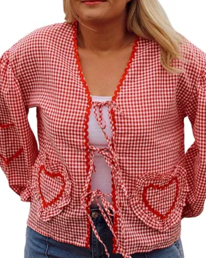 Red Gingham Sweetheart Tie Front Top Jacket Hearts Lightweight S thumbnail 2