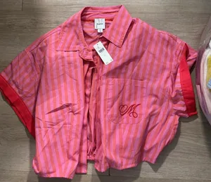 NWT Anthropologie Maeve Monogrammed M Button Down Crop Top Pink Size large thumbnail 4