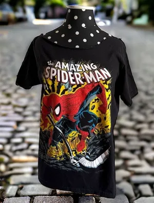 Marvel Womens Tee Sz S Cut Out Neck Spider-Man Black Cartoon‎ Comic Shirt Top thumbnail 1