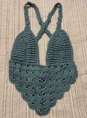 Handmade Crochet Longline Halter Cross Tie Back Plunge Crop Top in Teal thumbnail 1