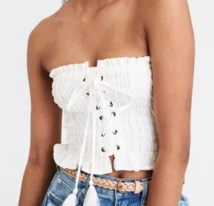 American Eagle Outfitters White Ruffle Tube Top with Lace Up Detailing thumbnail 1