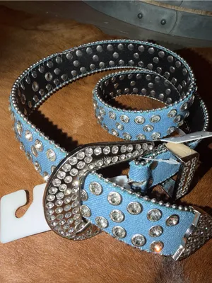 NWT True Love Rhinestone Bling Western Cowboy Belt - Light Blue Denim, Size s/m thumbnail 4