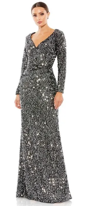 Mac Duggal 26445 Long Sleeve Sequin Gown Black Silver 14 thumbnail 1