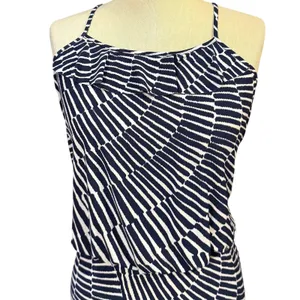 Nine West 6 Geometric Print Ruffle Neck Maxi Dress Navy White Sleeveless Summer thumbnail 2