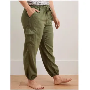 Aerie Linen Blend Paperbag Waist Cargo Joggers in Army Green Small thumbnail 2