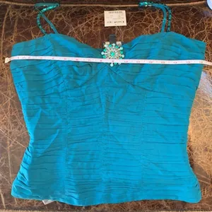 Vintage Y2K Bebe Teal Silk Pleated Cami Top Jeweled Brooch NWT Small thumbnail 6