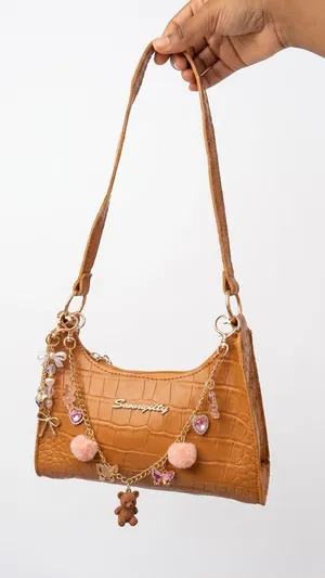 Brown Crocodile Embossed Shoulder Bag with Charm Chain & Teddy Bear Details thumbnail 1