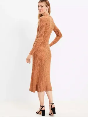 LOFT Brown Ribbed Polo Midi Sweater Dress - Size Large thumbnail 3