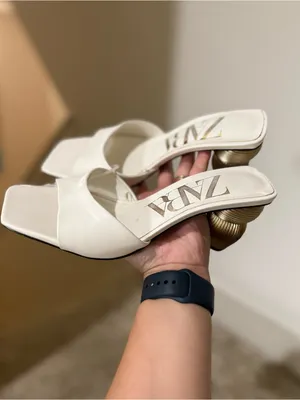Zara White Women's Open-Toe Heeled Sandals with Sculpted Gold Heel thumbnail 6