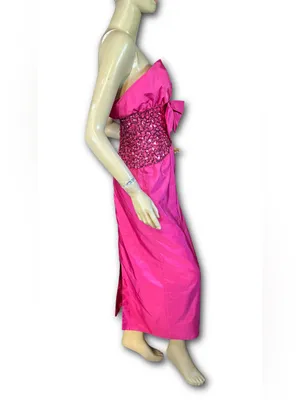 Vintage 1980'S Hot Pink Mike Benet Strapless Satin & Rhinestone Formal Dress (Xs thumbnail 3