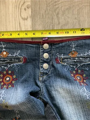 Dollhouse Vtg y2k low rise flare jeans embellished embroidered two toned blue and black thumbnail 6