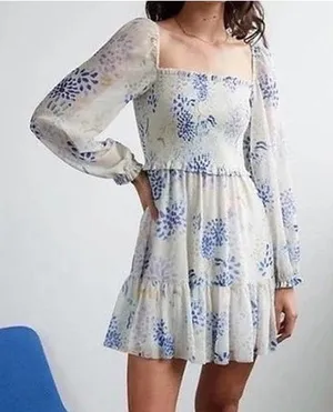 Wilfred‎ Aritzia Smocked Mini Dress Blue Floral Square Neck Long Sleeve XS thumbnail 1