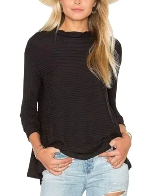 Free People We The Free Black Lovers Thermal Ribbed Split Back Sweater Medium thumbnail 1