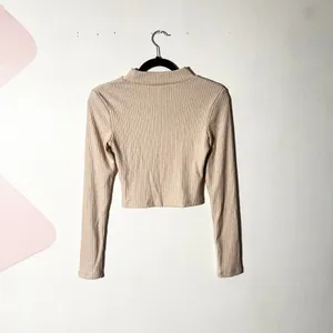 OGL Crop Top Women's Medium Beige Ribbed Mock Neck Long Sleeve thumbnail 2
