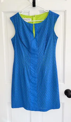 Donna Ricco‎ New York Blue Eyelet Sheath Dress Size 4 Neon Green Lining thumbnail 1