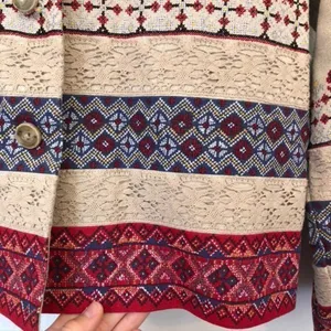 COLDWATER CREEK Beige Tan Red Blue Cross Stitch Linen Etc Shacket Jacket Medium thumbnail 7