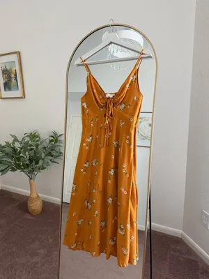 ASTR The Label Mustard Floral Ruched Midi Slip Dress Size S Tie Front Summer thumbnail 2