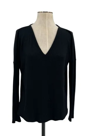 Rag & Bone Black Ribbed V Neck Long Sleeve Stretch Knit Tee Top Size Small‎ thumbnail 1