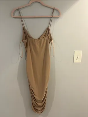 Ruched Tan Cutout Slip Mini Dress with Spaghetti Straps thumbnail 2