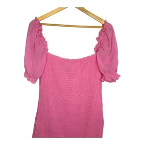 PrettyLittleThing Smocked Mini Dress Womens 12 Pink Puff Sleeve Ruffle‎ Hem thumbnail 3