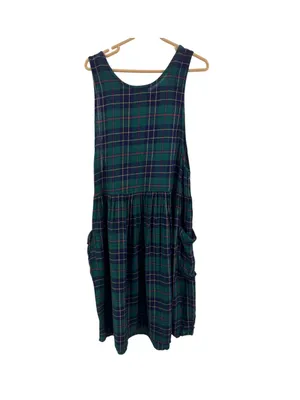S.Roberts Green and Navy Plaid jumper Midi Dress drop pockets school girl vtg M thumbnail 2