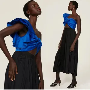 New! AMUR Cleopatra Pleated‎ One Shoulder Dress Black Blue Sz 6 $598 thumbnail 4