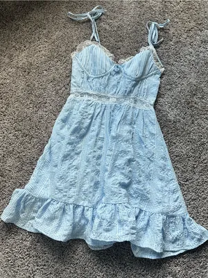 Light Blue Gingham Mini Dress with Lace Trim thumbnail 2