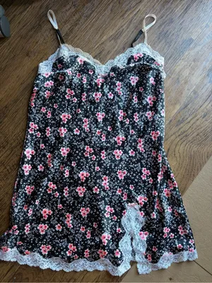 Victoria's Secret Black Satin Lace Floral Chemise Slip Dress Size Medium thumbnail 1